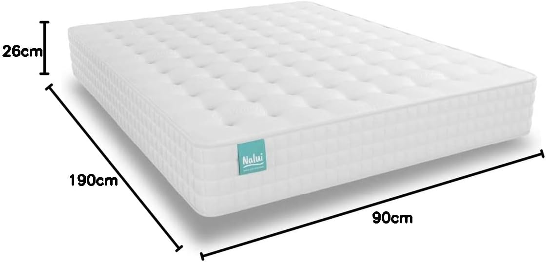 NALUI - Colchón Viscoelástico con Núcleo de Muelles Ensacados Galana 90x190cm con ViscoGel, Tejido Strech Cashmere y 3D. Altura:±26cm | Firmeza Suave | Hecho en España