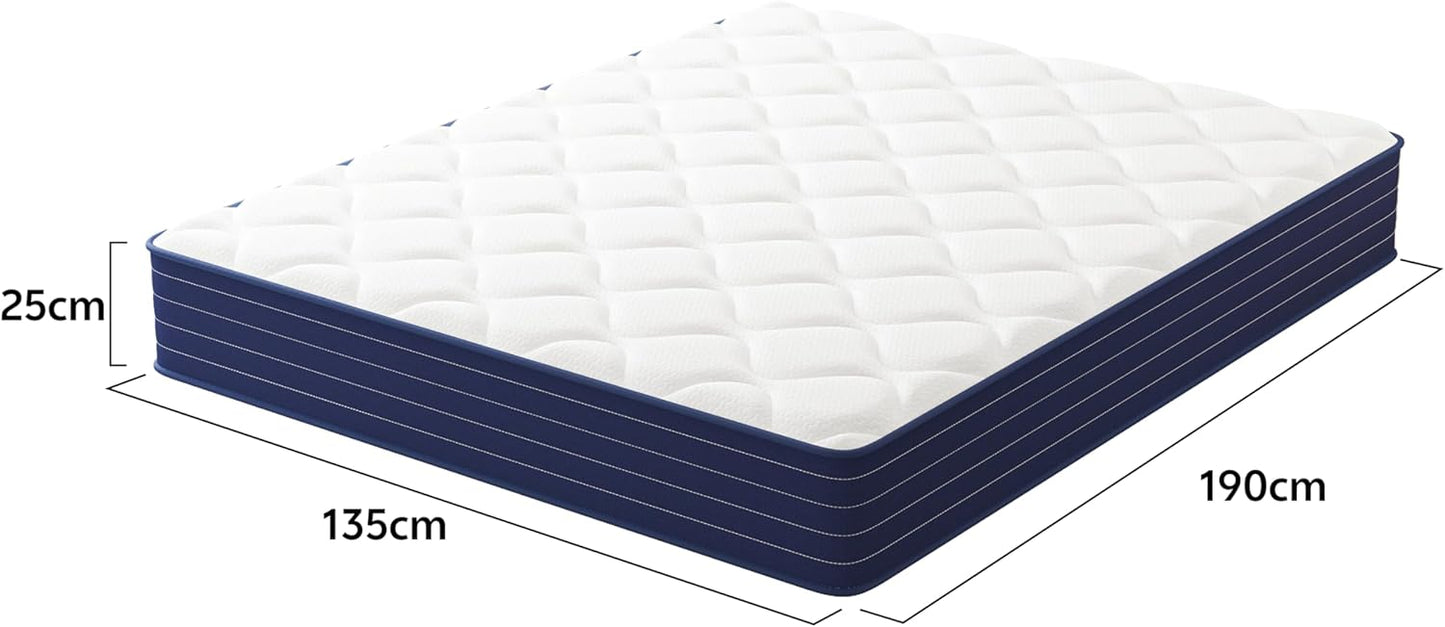 PurrJoys Colchón híbrido 135x190x25 cm, Espuma viscoelástica y muelles ensacados, firmeza Media, Transpirable, Independencia de lechos, Certificado CertiPUR-US® y Oeko-Tex®, sin Fibra de Vidrio