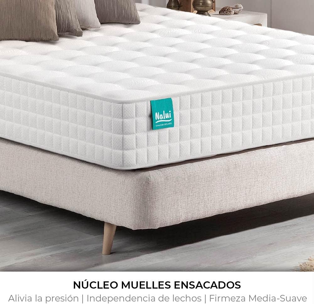 NALUI - Colchón Viscoelástico con Núcleo de Muelles Ensacados Galana 90x190cm con ViscoGel, Tejido Strech Cashmere y 3D. Altura:±26cm | Firmeza Suave | Hecho en España