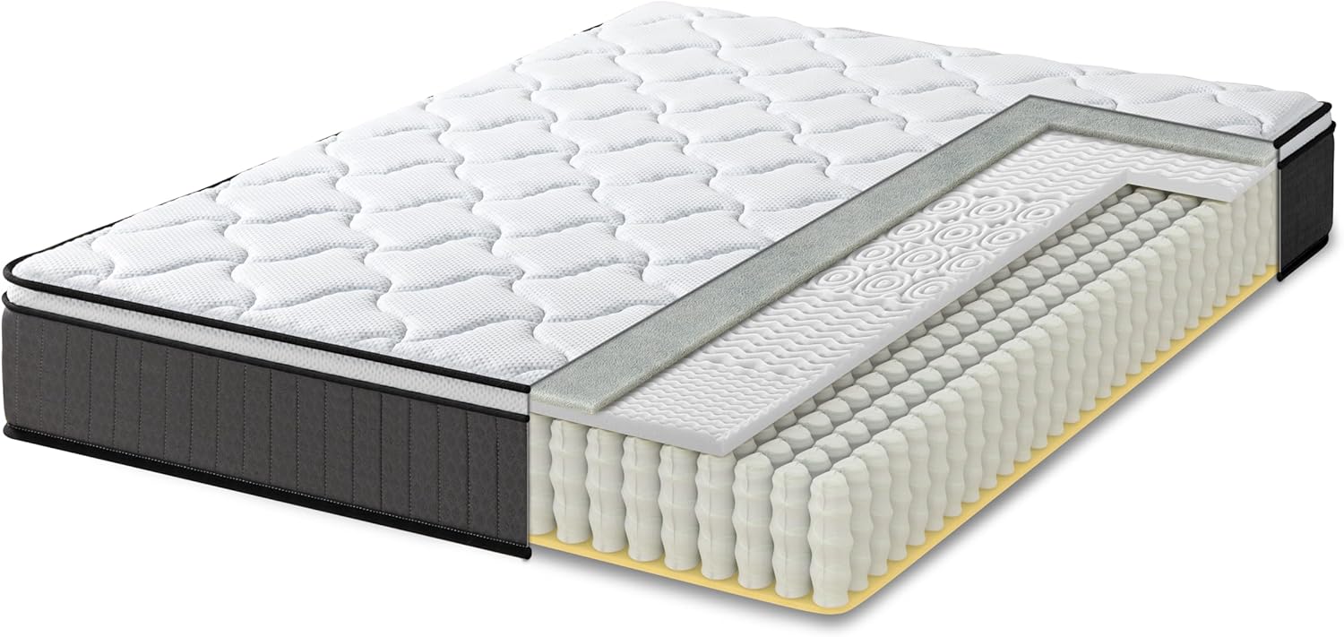 Zinus Colchón Doble de Espuma viscoelástica con muelles ensacados, 135 x 190 cm, 25 cm de Altura, firmeza Media, Tela Suave hipoalergénica y Transpirable, Alivio de presión, colchón de Lujo, Soporte