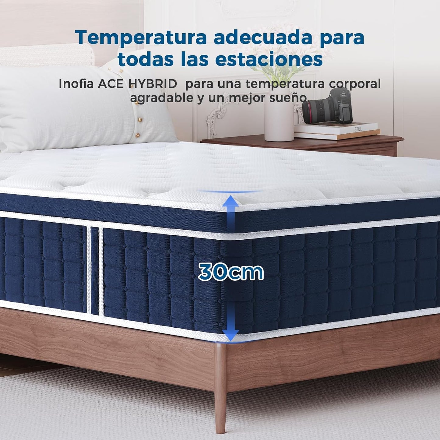 Inofia Colchón Ace Hybrid Pro 90 x 200 cm, Altura 30 cm, colchón de muelles ensacados, dureza H2, Resistencia Media, colchón de muelles de 7 Zonas con 100 Noches de Descanso de Prueba, colchón